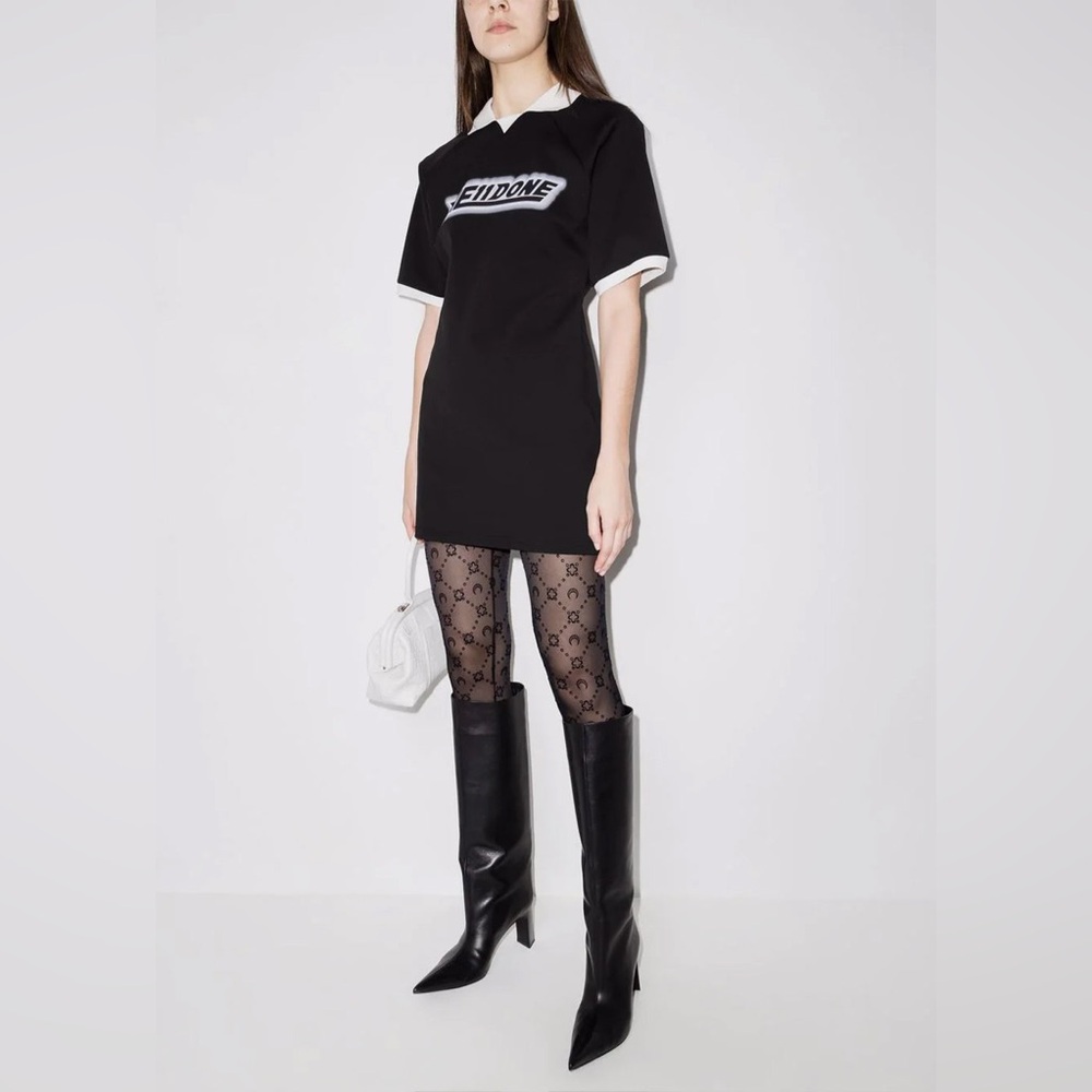 We11done Logo Print Contrast Collar Mini Dress Black White Sz XS